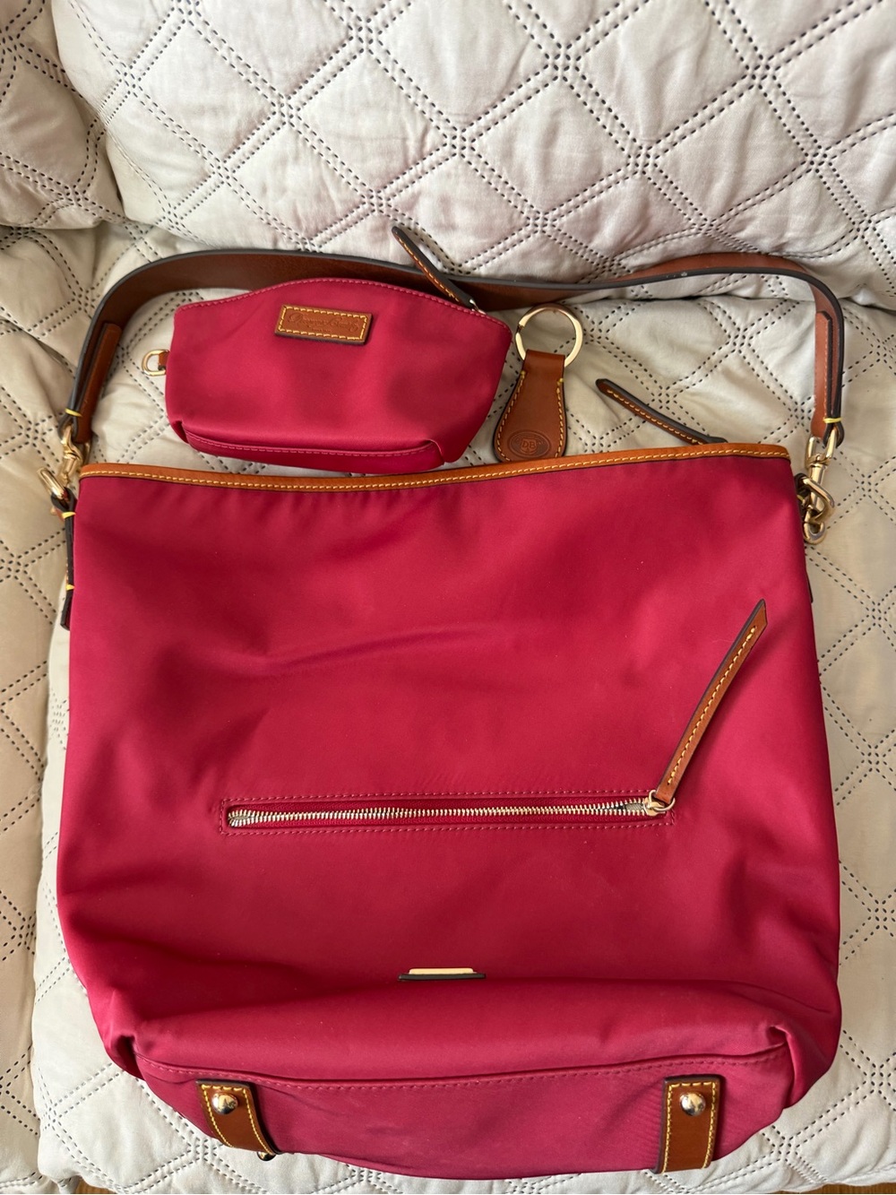 Dooney & Bourke Red Nylon Shoulder Bag with Tan Leather Trim